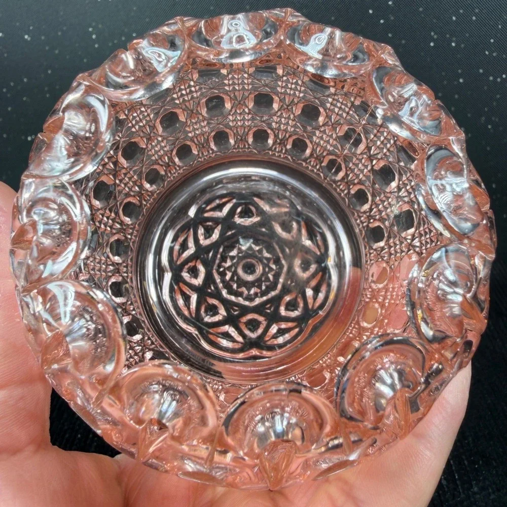 Vintage Pink Depression Glass Rose Bowl Daisy and Button Scalloped Rim 3 inch